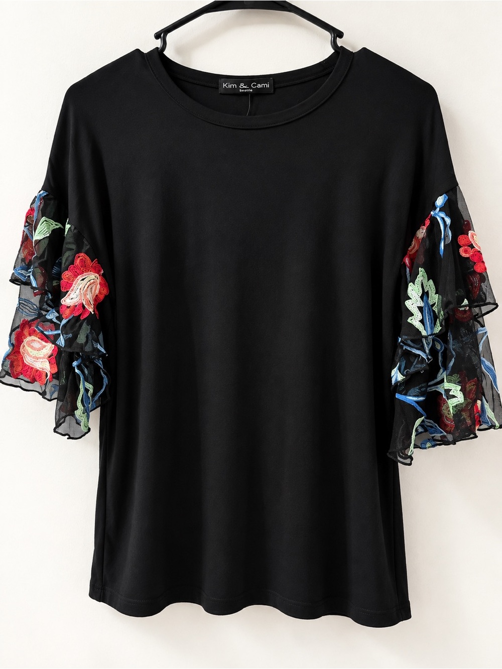 Kim & Cami Black Tee with Floral Embroidered Mesh Ruffle Sleeves Medium NWT